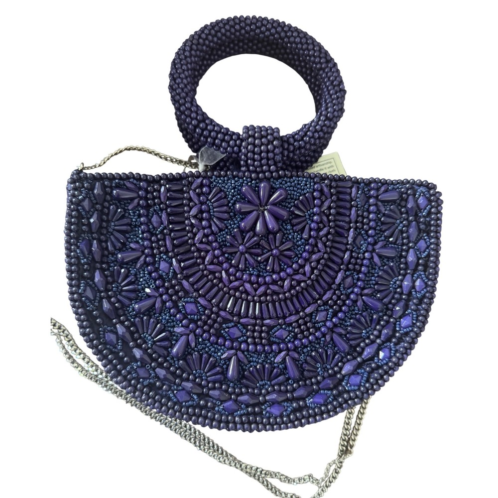 Viral‎ Handcrafted Beaded Purple Navy Blue Half-Moon Bag Tote Crossbody NWT